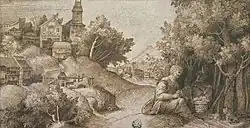 Пейзаж с двумя мужскими фигурами. Ок. 1500. Бумага, перо, коричневые чернила. Лувр, Париж