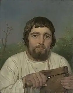 «Крестьянин, отрезающий ломоть хлеба», картина Алексея Венецианова 1820-х гг. из собрания Русского музея. Изображённый подстрижен под калитку, волосы доходят до мочек ушей