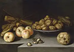 Педро де Медина Вальбуэна. Натюрморт с яблоками, орехами и сахарным тростником. 1645. Холст, масло. Прадо, Мадрид