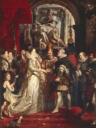 Свадьба Марии Медичи. Холст, масло. 394 × 295 см. Лувр