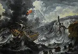 Побережье с кораблём в бушующем море. Между 1675 и 1720. Холст, масло. Частное собрание