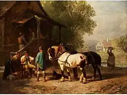 Кучер с двумя лошадьми.