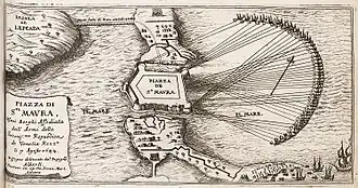 Бомбардировка крепости венецианским флотом. Гравюра Джейкоба Питерса (1686)