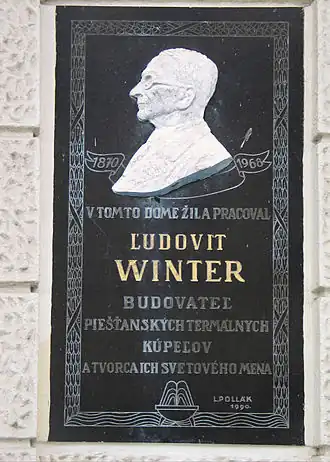 Мемориальная доска на доме «Зелёное дерево» на улице Винтера в городе Пьештяны.