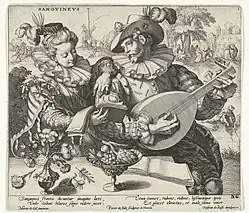 Офорт из серии «Четыре темперамента». Сангвиники. По оригиналу М. де Воса. Между 1590 и 1632