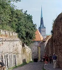 Вид улицы в сторону Нижнего города. В перспективе улицы — надвратная башня Пикк-Ялг, за ней — шпиль церкви Олевисте