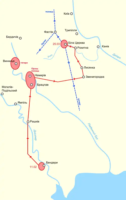 Схема похода Филиппа Орлика на Правобережную Украину, 1711 год. Красным обозначен путь наступления, синим — пути отхода войск.