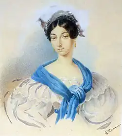 Е. А. Плюшар. Портрет О. С. Павлищевой. Середина 1830-х годовБумага, акварель. 15,9 × 14,3 смМузей-квартира А. С. Пушкина, Санкт-Петербург