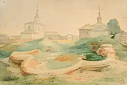 Бельчицкий монастырь. (И. Трутнев, 1866). Слева — Борисоглебская церковь, справа — Пятницкая церковь, на переднем плане руины Великого собора