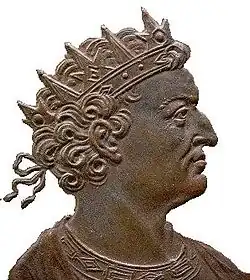 Изображение Фарамонда с бронзовой медали работы Жана Дасье. Около 1720 года.