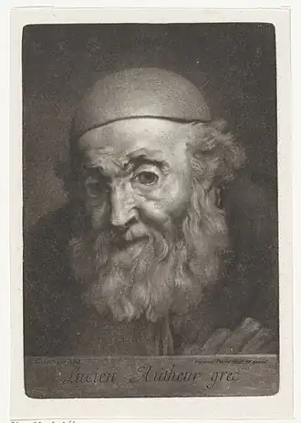 Вымышленный портрет Лукиана. Гравюра Бернара Пикара (1699) по утерянной картине Рембрандта (ок. 1650).