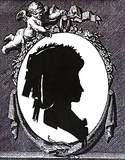 П. А. Потёмкина, урождённая Закревская. Силуэт из издания «Двор императрицы Екатерины II, её сотрудники и приближенные». 1799. Вырезка из чёрной бумаги, офорт (обрамление)