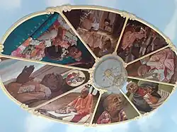 Роспись на потолке Прабхупададеша с изображением эпизодов из жизни Бхактиведанты Свами Прабхупады.