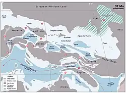 Палеогеография региона Тетис 37 млн лет назад, приабонский век, поздний эоцен.