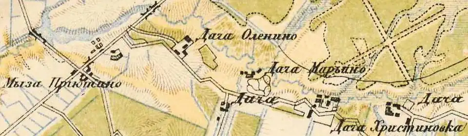 Мыза Приютино, Дача Оленино (Елизаветино), Дача Марьино, Дача (Васильевка), Дача Христиновка, Дача (Софиевка) на карте 1885 года