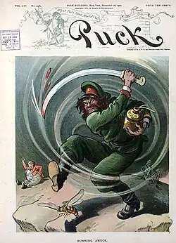 «Пошёл вразнос». Пьяный русский мужчина с бутылкой водки заносит окровавленную шашку на осу, символизирующую Японию. На заднем плане Джон Булль и дядя Сэм (1904)