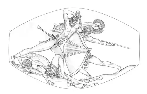 Изображение боевой сцены на гемме из гробницы воина с грифоном, середина XV века до н. э.