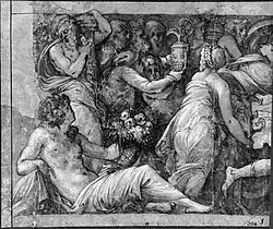 Убийство Ниобидов, приносящих подношения. Бумага, тушь, белила, перо, кисть. Национальный музей изобразительных искусств, Стокгольм