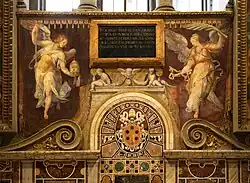 Рафаэллино да Реджо (ангел с тиарой) и Лоренцо Сабатини (ангел с ключами Святого Петра). Фреска. Царский зал, Ватикан