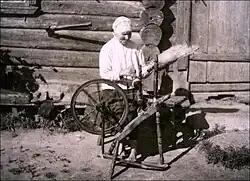 Исполнительница народных песен Ане Солна (Ane Solna) за прялкой. Деревня Солна