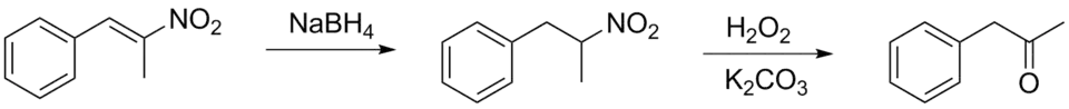 Восстановление фенил-2-нитропропена до фенилацетона борогидридом натрия.