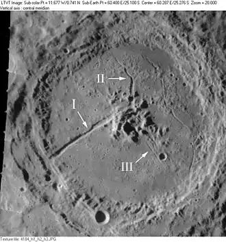 Снимок зонда Lunar Orbiter - IV. Римскими цифрами обозначены ветви борозд Петавия.
