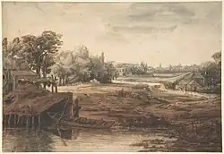 Речной пейзаж с фигурой у лодочного домика. Бумага, карандаш, сангина, сепия. Метрополитен-музей, Нью-Йорк