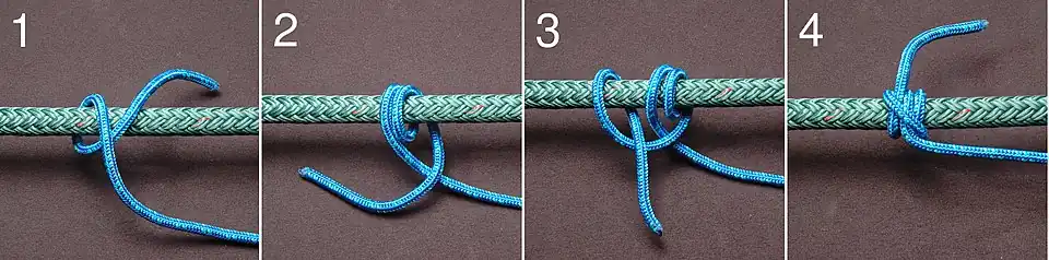 1. Сделать обнос тонким тросом на толстом канате.2. Сделать шлаг.3. Сделать полуштык на другой стороне каната от коренного конца троса.4. Затянуть.