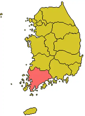 Территория архиепархии Кванджу на карте Южной Кореи