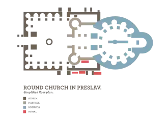 A drawing of the plan of a church with a wide courtyard, a rectangular narthex and a circular cella