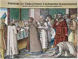 Послы Московии при императорском дворе в Регенсбурге. 1576 г. Раскрашенная гравюра