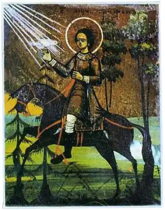 Св. Трифон в сопровождении сокола. 
Русская икона.