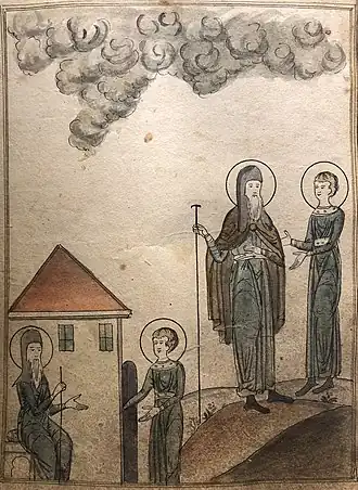 Василий Новый с учеником Григорием. Старообрядческая миниатюра лицевого «Жития Василия Нового», первая половина XIX века