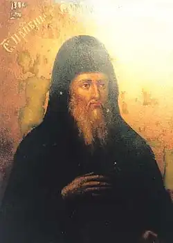 Икона работы иеромонаха Иринарха с учениками, мастерские Киево-Печерской лавры (1840-е годы). Находится у раки святого в Дальних пещерах