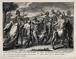 Раздавленное тело Самсона уносят его братья. По оригиналу Ф. Вердье. 1698. Офорт, резец