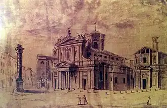 Баро́чный фасад церкви Сан-Бабила, церковь Сан-Романо (справа) и Львиная колонна в 1734 году