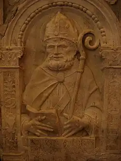 Святой Рустициан Брешианский.  Изображение на мраморной раке (XVI век)