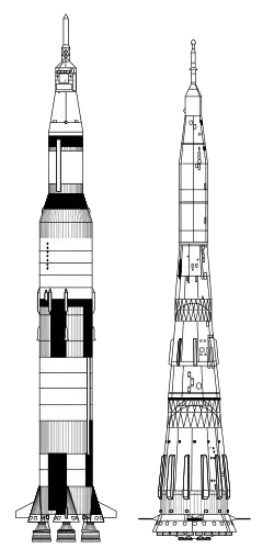Сравнение носителей Сатурн-5 (слева) и Н-1 (справа) в масштабе