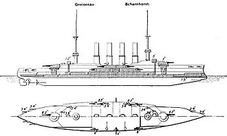 The ship had four smoke stacks between a pair of tall pole masts. A twin gun turret was positioned on either end of the superstructure, which bristled with guns