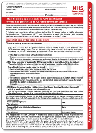 Форма предписания для отказа от реанимации (Шотландия)