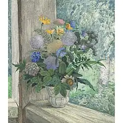 Натюрморт с хризантемами, колокольчиками и васильками. 1926. Акварель, гуашь