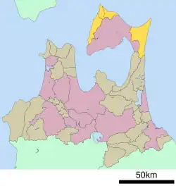 Расположение уезда Симокита (жёлтый цвет) на карте префектуры Аомори