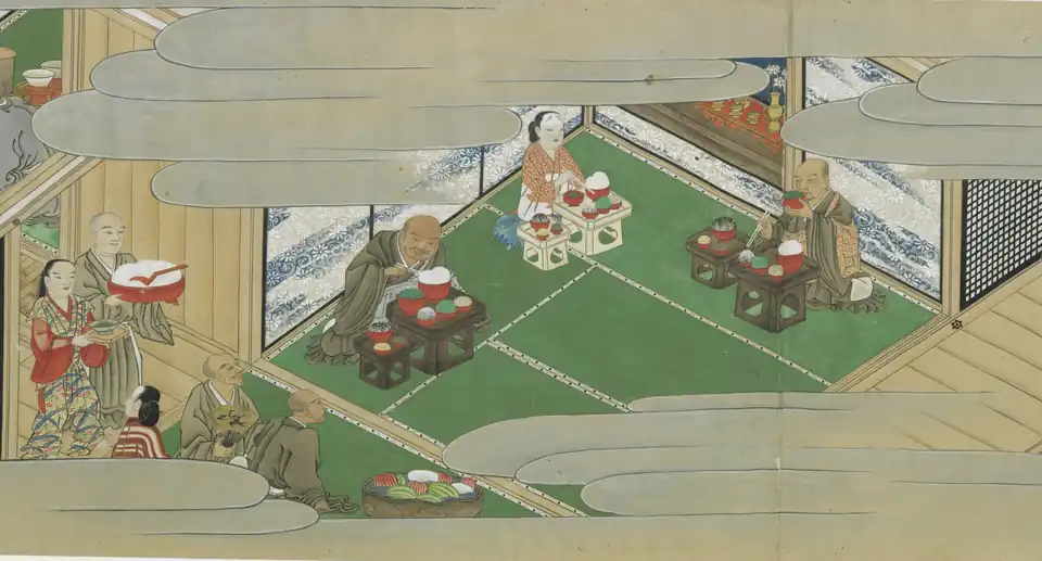 Копия эмакимоно XVI века Сюханрон эмаки[фр.], сервировка стола в период Муромати на столиках