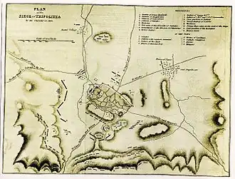 План осады Триполицы. Отряд Колокотрониса обозначен буквой «O».