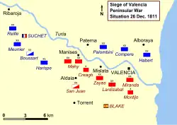 Map of the Siege of Valencia, showing positions on 26 December 1811