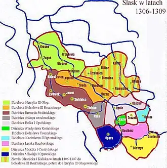 Силезия в 1306—1309 годах. Козленское княжество закрашено ярко зелёным цветом
