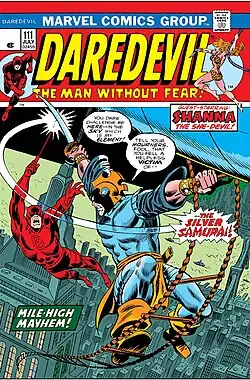 Первое появление Серебряного Самурая. Обложка комикса Daredevil #111 (Апрель 1974)Художник — Уильям Роберт Браун.