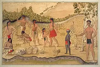 Представители различных индейских племён. Крайний справа — индеец из племени атакапа. А. де Бац, 1735.