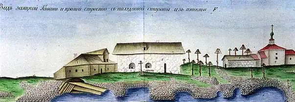 Андреевский скит с гаванью и причалом.Рисунок с натуры. Конец XVIII века.