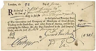 Акция Компании Южных морей в размере 1000 фунтов стерлингов (10 штук по 100 фунтов стерлингов каждая), выпущенная в Лондоне 22 июня 1720 года, оплаченная по рыночной цене в 4000 фунтов стерлингов, составлявшей в то время 400 процентов